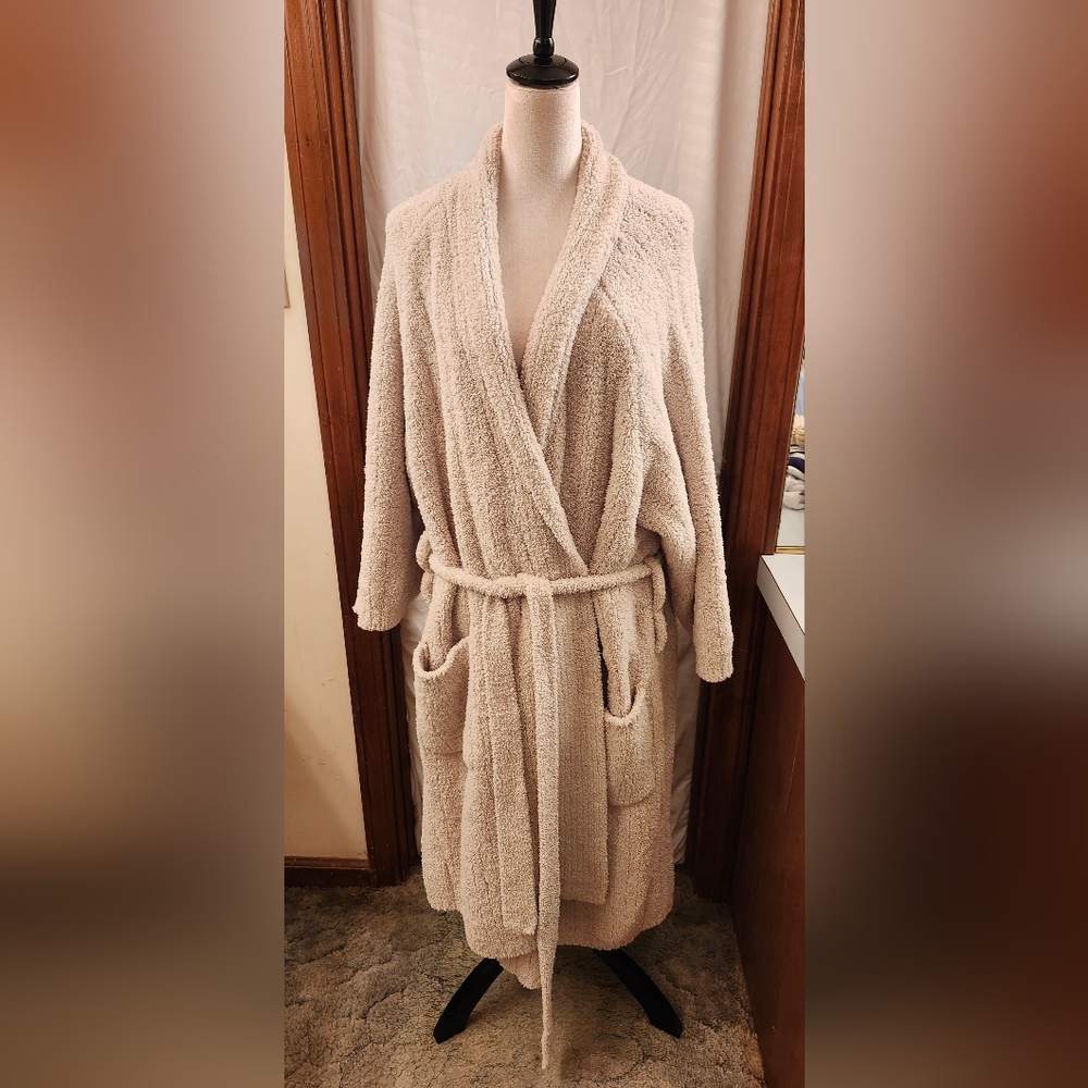 Cozy Ribbed Cream/Tan Robe with Pockets